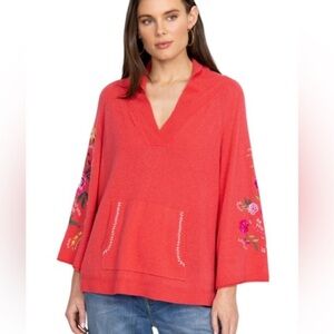 Johnny Was Sedona Cashmere Floral Embroidered V Neck Sweater - Coral